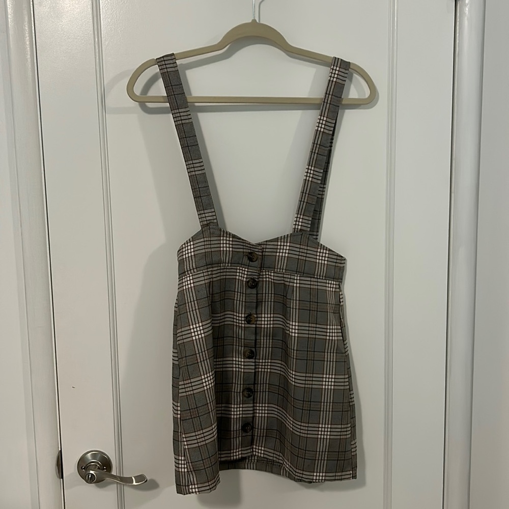 Forever 21 Gray Plaid Button Up Mini Skirt w/ Suspenders Size Small